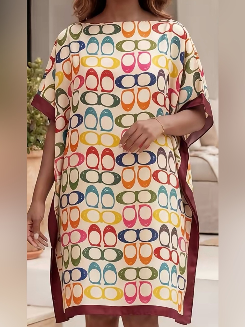 Multicolor Shoe Print Satin Kaftan